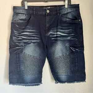 XRAY Men's Dark Blue Distressed Denim Shorts Stretch Pockets Frayed Hem Ribbed